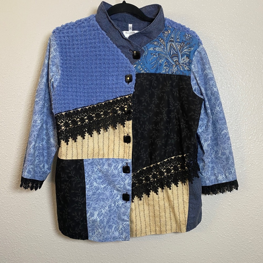 Handmade Patchwork Jacket Medium Artsy Boho Bohemian Wearable Art Whimsical
